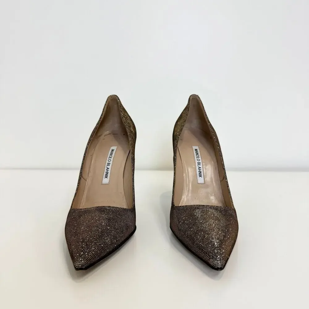 Manolo Blahnik BB 105 Nott Gold Glitter Pumps 39 Metallic Gray Point Toe Heels